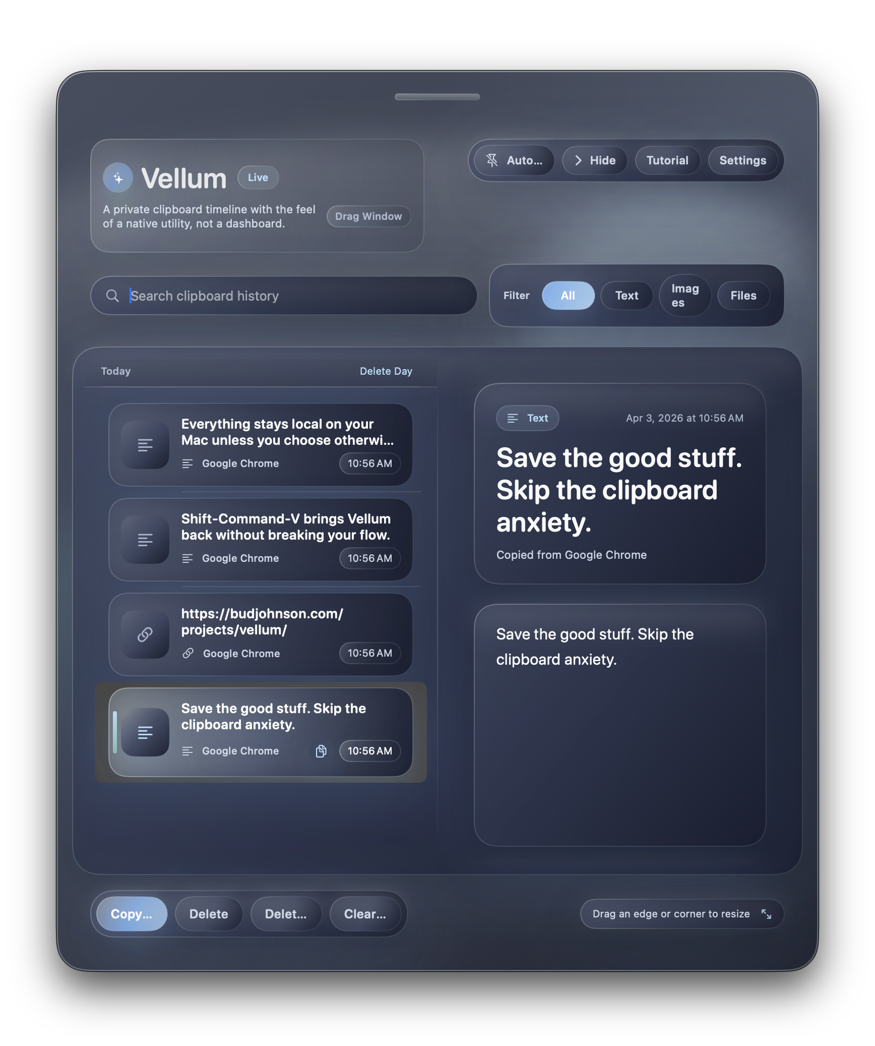 Vellum open on macOS showing clipboard history and preview pane